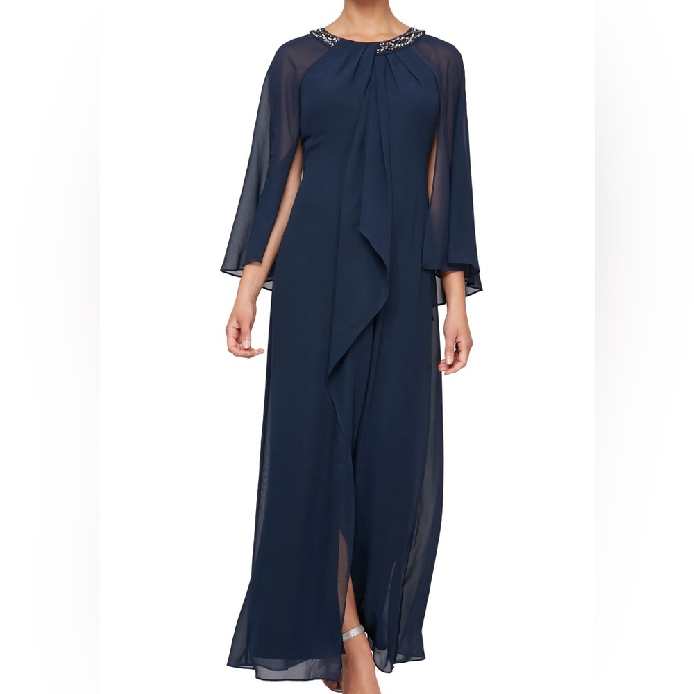SLNY | Illusion Cape Chiffon Gown